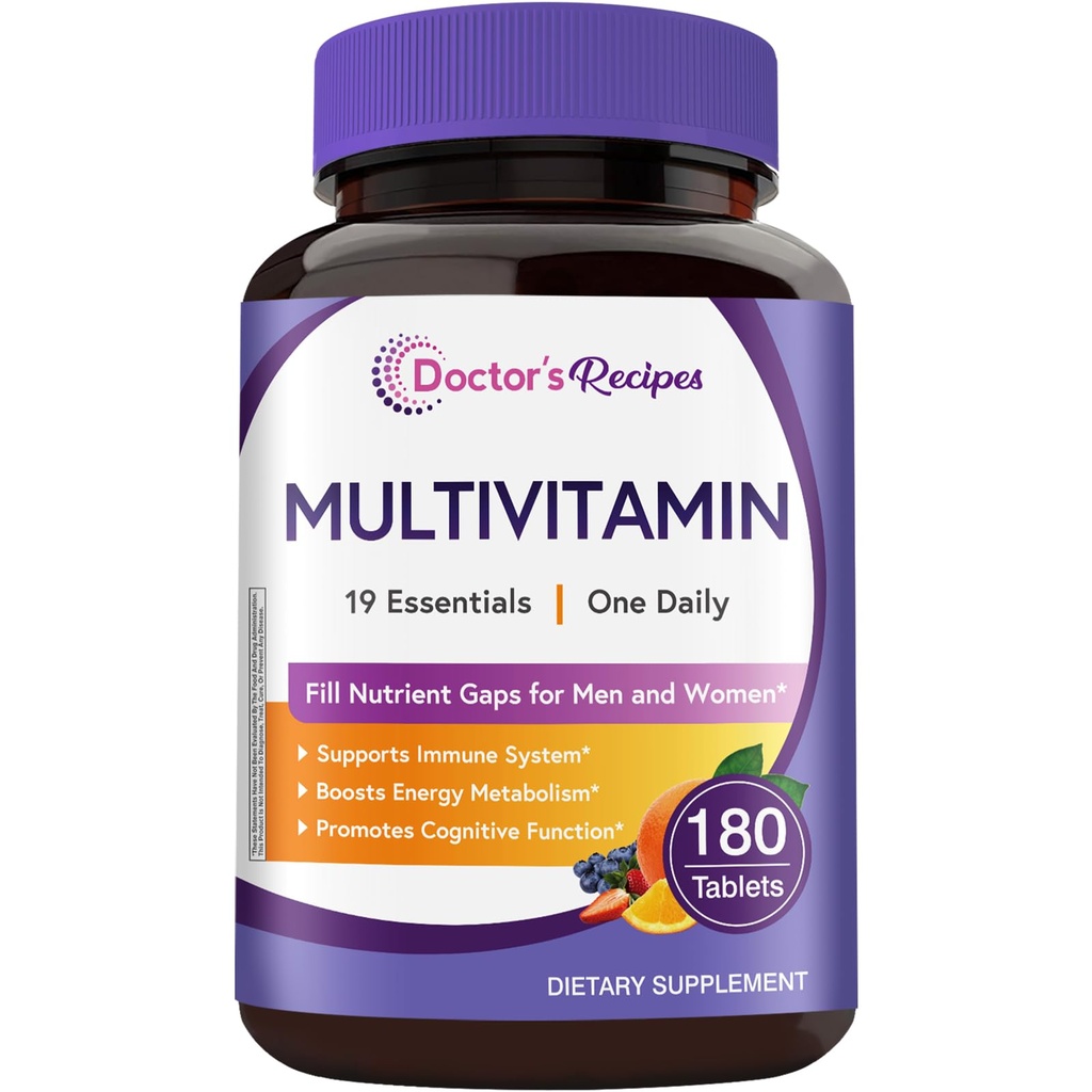 Doctor's Recipes Multivitamin for Women & Men, Immune, Energy & Brain Health Support, Vitamin A, C, D3, E, B6, B12, Folic Acid, Iron, Zinc, Copper, Selenium & Iodine, No Gluten, Non-GMO, 180 Tablets