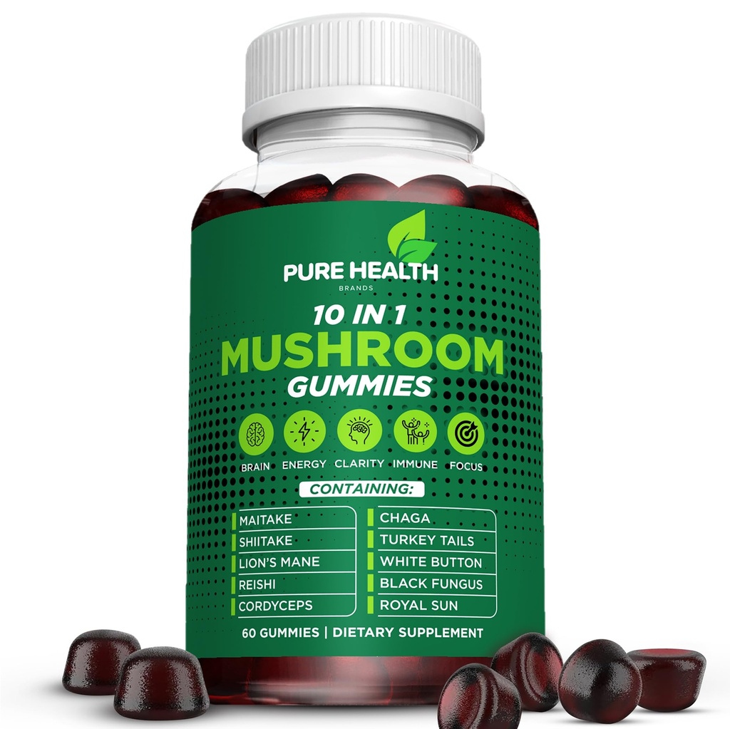 11-in-ONE Mushroom Complex Gummies - 10x Mushroom Supplement W Lions Mane - Nootropic Brain Supplement, Immune Support, All Natural 60 Count Gummies.