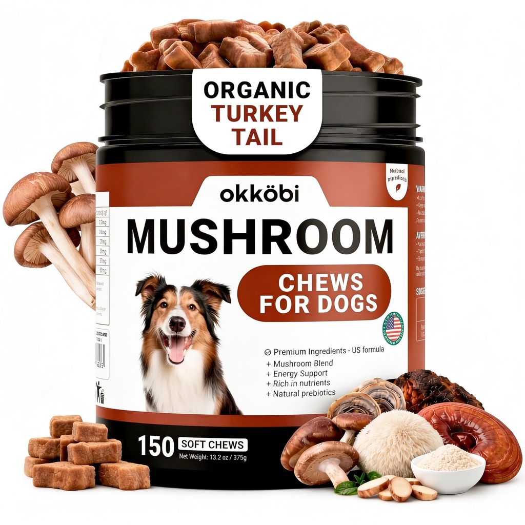Premium Mushroom Chews for Dogs - 5-in-1 Turkey Tail, Lion’s Mane, Chaga, Reishi & Shiitake - Immune Support & Cognitive Health Mushroom Supplement for Dogs - for Heart, Liver & Brain Function