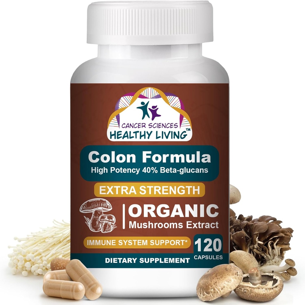 Cáncer Ciencia Colon Wellness Suplemento, USDA Certified Organic Mushrooms Extract, Extra Strength 1,500 mg, High Potency 40% Beta-Glucans, Immune, Gut & Digestive, Colon Cleanse & Detox, 120 Caps