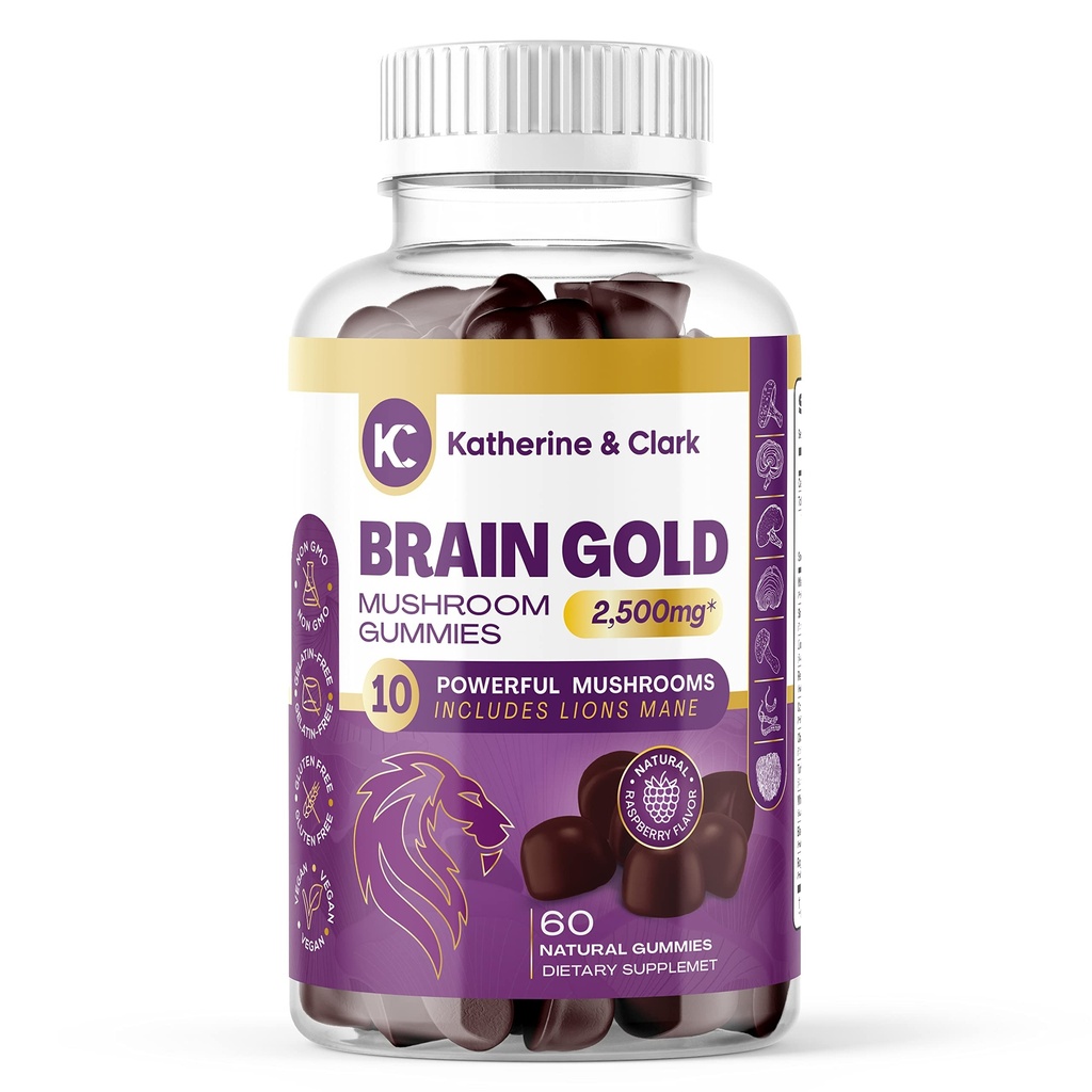 Brain Gold - Super Mushroom Gummies Aid Immune Support - Lions Mane Mushroom Supplement Natural Raspberry Flavor - Daily Reishi Mushroom Capsules Support Well-Being Mushroom Complex