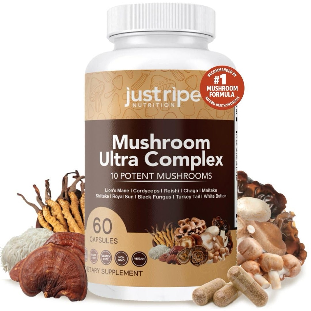 Mushroom Ultra Complex - Reishi, Cordyceps, Lions Mane & Shiitake - Immune System Booster & Nootropic Brain Supplement - Enhance Memory and Focus - Stress Relief - 60 Capsules