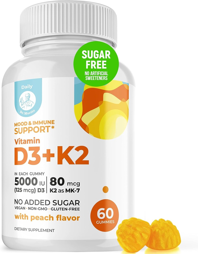 DR. MORITZ Vitamina D3 Gummies (5000 UI) con K2 - para adultos y niños - Vitamina D3 K2 Gummies para el soporte inmunológico &amp; Bone Health - Vegan, Sugar Free, Gluten Free (60 Conteo)