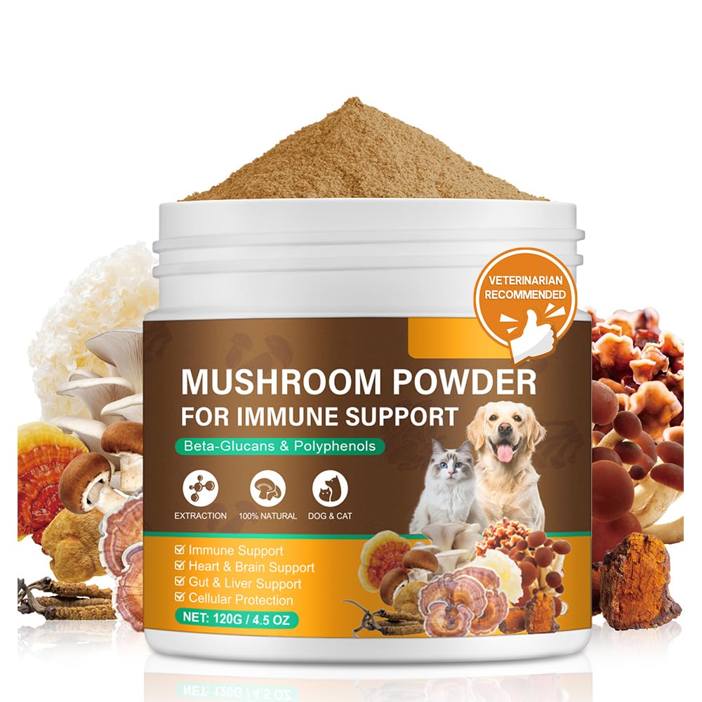 Mushroom Supplement Powder for Dogs & Cats, 11 Beneficial Mushroom Complex for Immune Support, Cellular Protection, Heart & Brain Health Lion's Mane, Reishi & Turkey Tail, Bacon Flavor - 120g