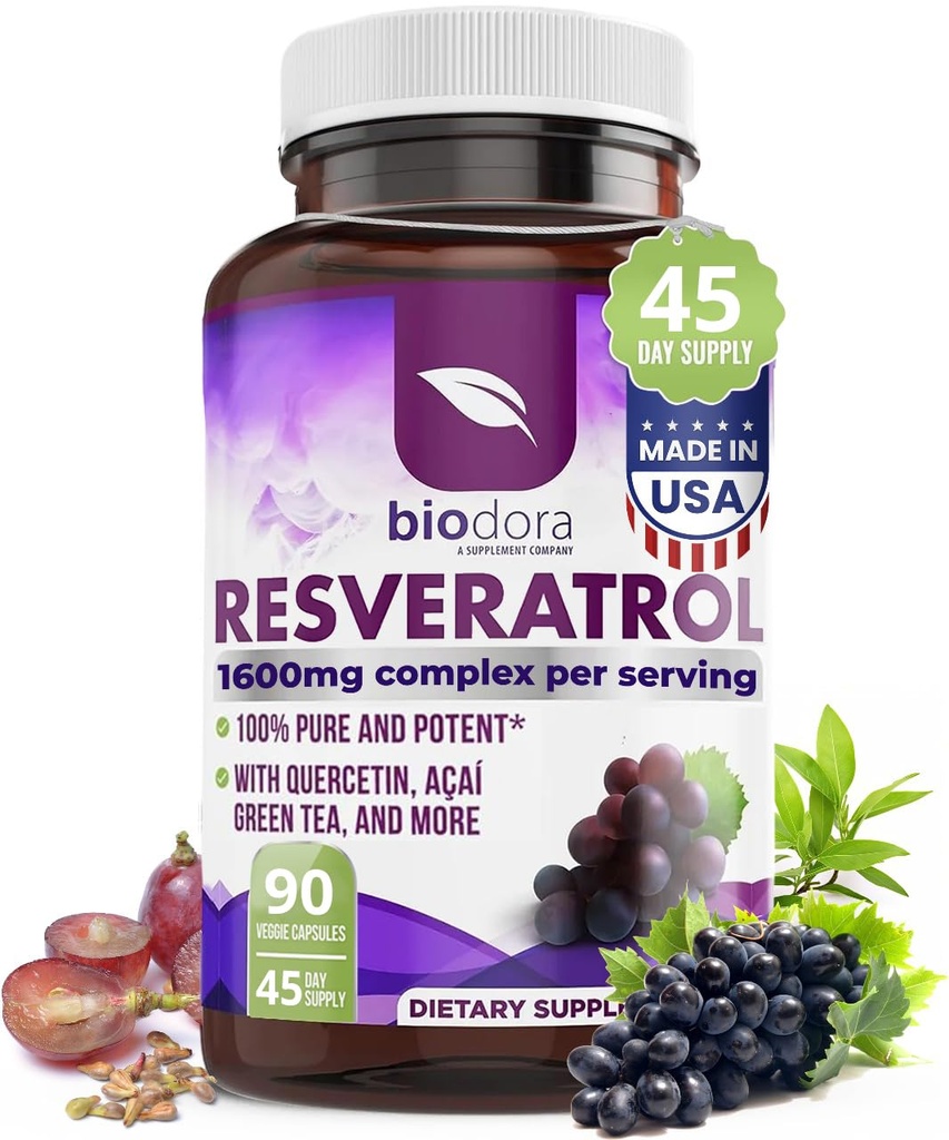 Resveratrol 1600mg - 90 Capsules | Trans-Resveratrol Antioxidant Supplement with Natural Green Tea, Grape Seed Polyphenols & Quercetin, Supports Digestive, Heart Health, Immune System, Brain Function