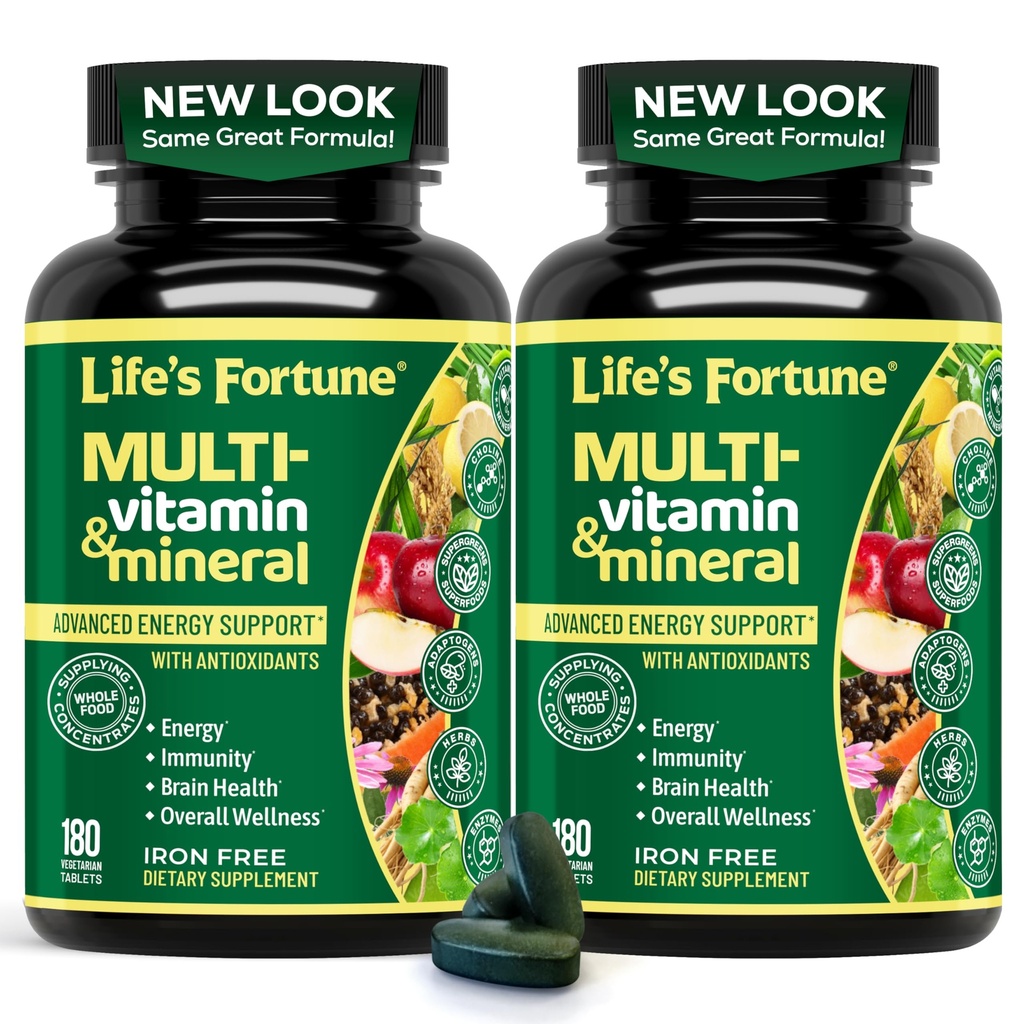 Life's Fortune Whole Food Multivitamin & Mineral Supplement for Men & Women – Energy Support Vitamins for Immune, Brain & Metabolism Support – Iron Free, Vegetarian Tablets, 180 Count (2 Pack)