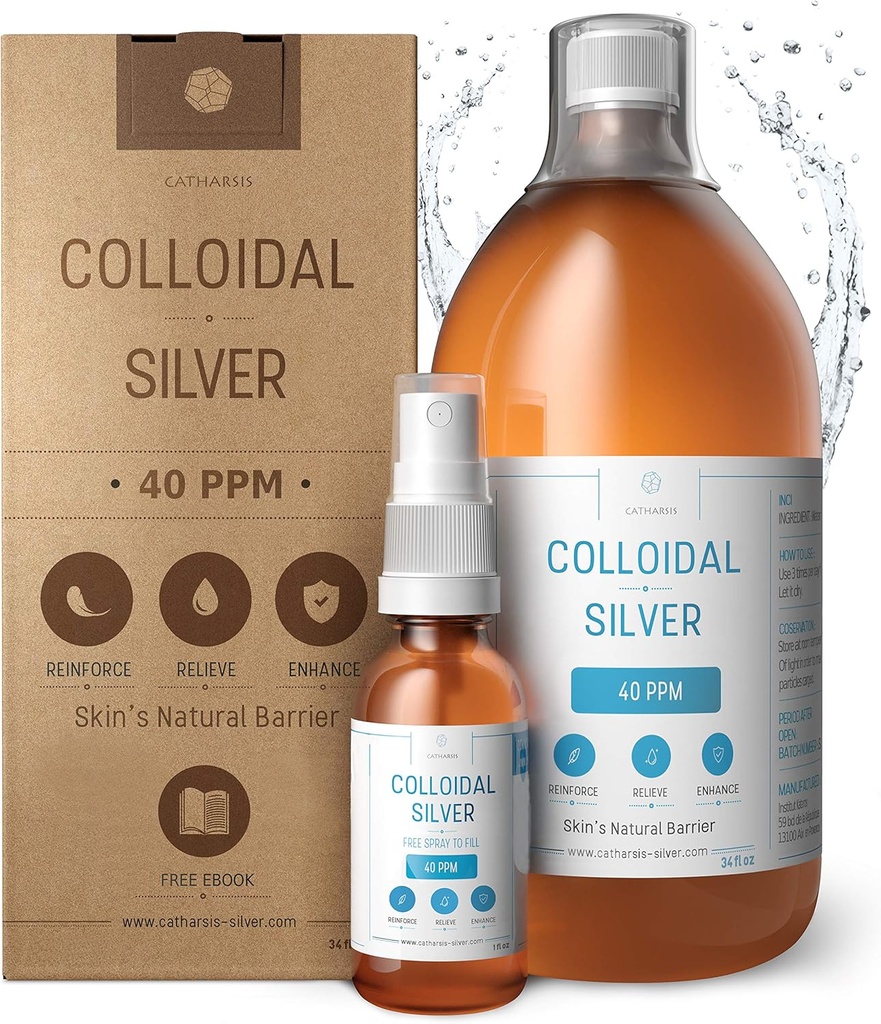 Plata Colloidal Premium ● Fórmula de Concentración Optimal, Partículas más pequeñas, mejores resultados ● Certificado de Laboratorio ● Plata Líquida Made in EU ● Botella de Spray Gratis para Llenar &amp; Ebook (34 fl oz)