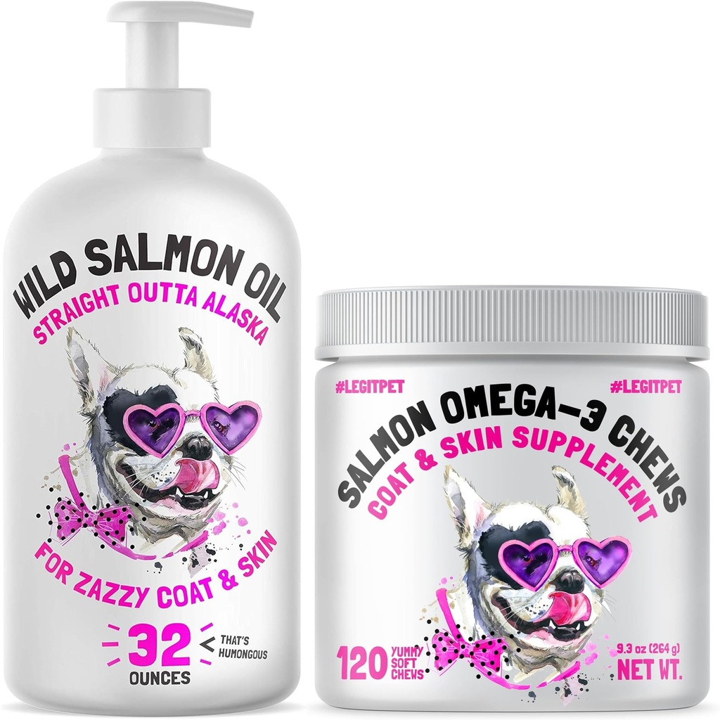 Skin, Coat & Brain Support System for Dogs Wild Alaskan Salmon Oil 32 oz + Omega-3 Soft Chews (120 ct) Complete Daily Omega Routine for Healthy Skin, Shiny Coat & Cognitive Support