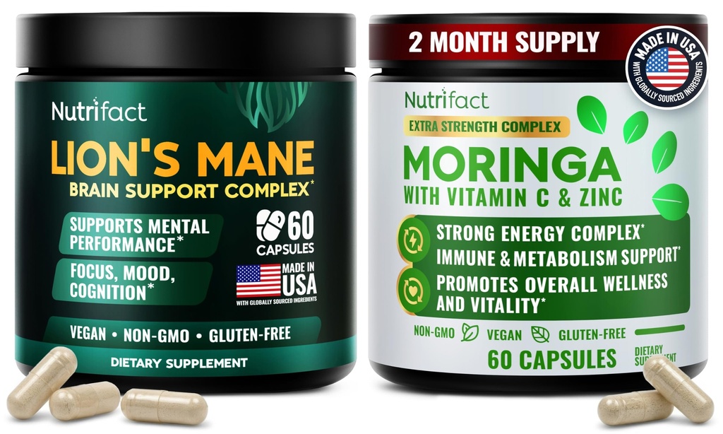 Lions Mane Supplement Capsules & Moringa Capsules - Complete Brain, Energy & Immune Support Complex - With Vitamin C, Zinc, L Theanine, L-Lysine, Vitamin B Complex - Vegan, Non-GMO, Made in USA