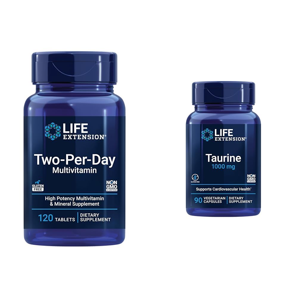 Life Extension Two-Per-Day 120 Tablets Multi-Vitamin & Taurine 1000mg 90 Capsules Supplement Bundle