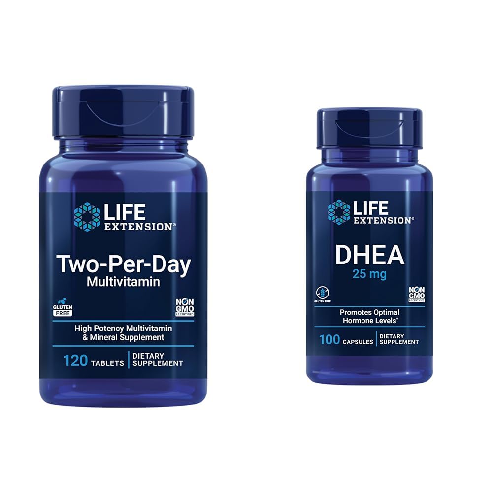 Life Extension Two-Per-Day Multi-Vitamin & Mineral 120 Tablets and DHEA 25mg 100 Capsules Bundle