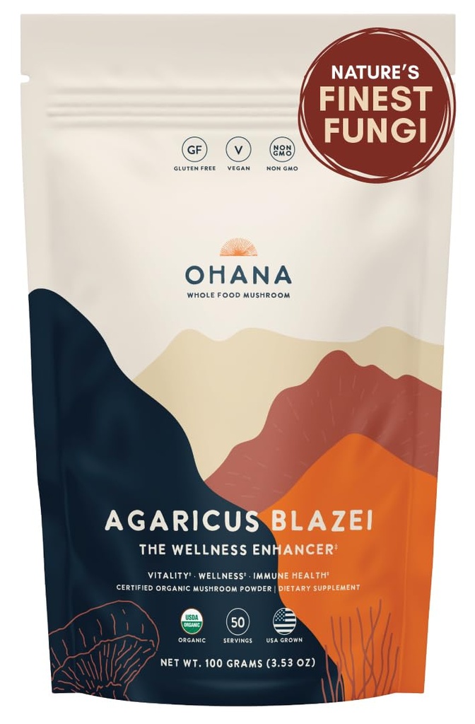 Ohana Agaricus Blazei, Organic Mushrooms Powder Blend, USDA-Organic Whole Food Mushroom Supplement, Non-GMO, Gluten-Free, 3.53 oz Bag, Pack of 1
