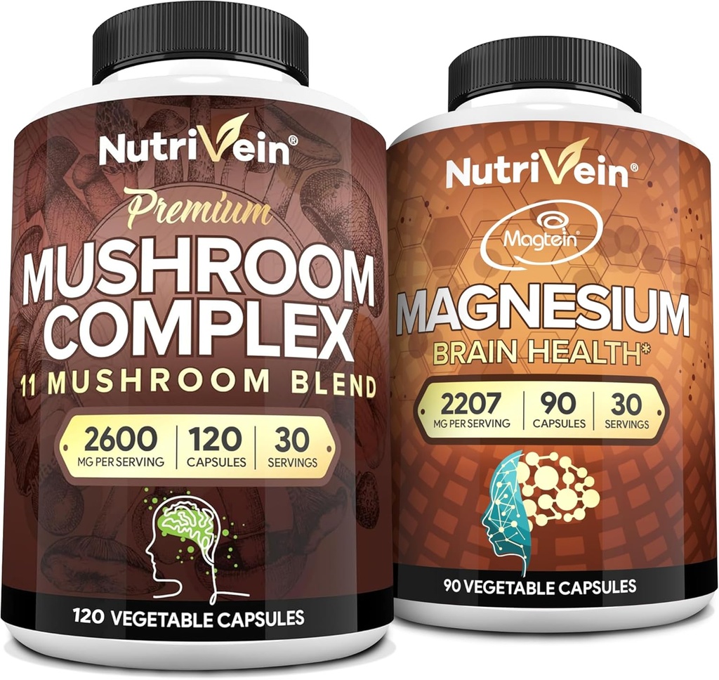 Nutrivein Premium 120 Cap Mushroom Complex 2600mg &amp; 90 Cap Magnesium 2207mg Bundle - 11 Mushrooms - Lions Mane, Chaga, Reishi, Cordyceps, &amp; Más - Immune &amp; Brain Function Plus Memory & Focus