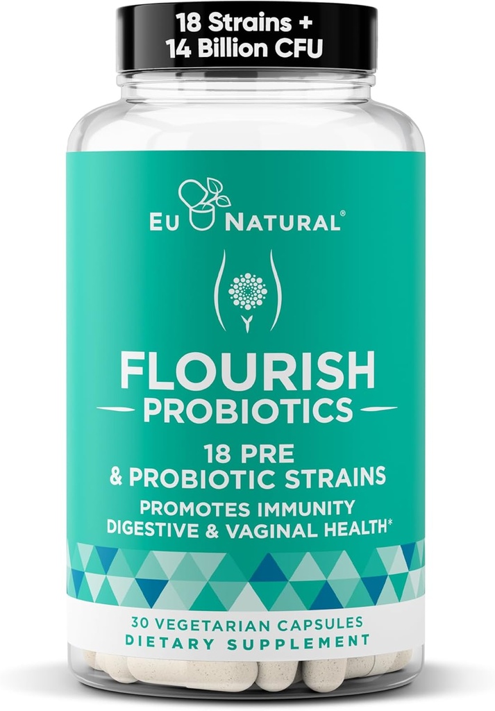 Probióticos inundados + Prebióticos para Mujeres – Gut y Digestión, Urinary Tract, Reducir el Bloating, Vaginal Health – 18 Clínicamente Provenidos Strains, 14 Billion CFU – 30 Estante-Stable Mini Vegan Capsules