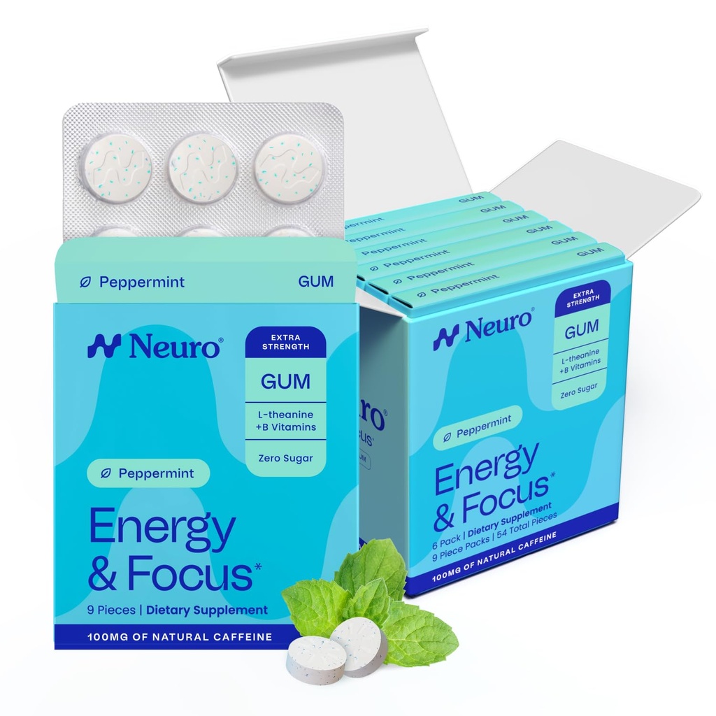 Neuro Energy & Focus Gum, Extra Strength - 100mg Natural Caffeine Gum & Nootropic Energy Supplement with L-Theanine & B Vitamins - Sugar Free, Vegan - Peppermint, 54ct