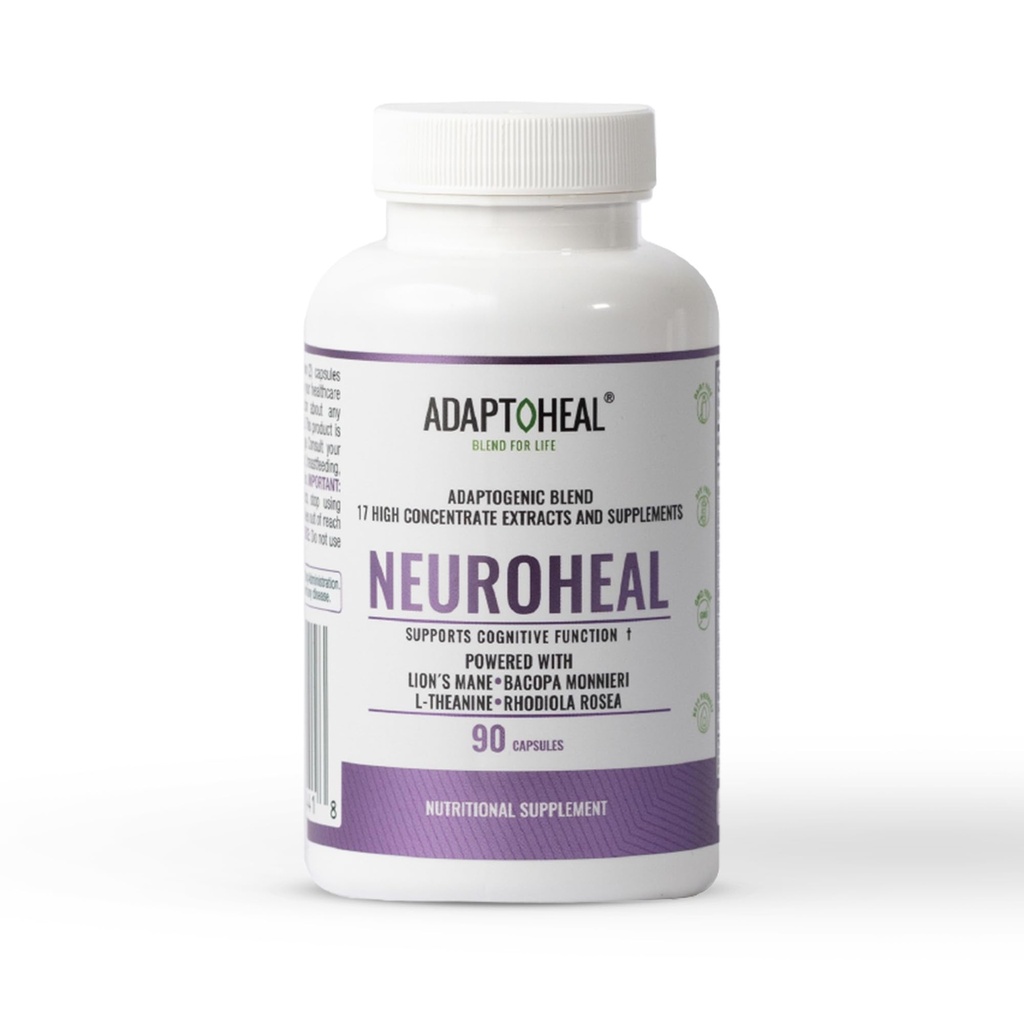 ADAPTOHEAL NeuroHeal - Natural Supplement for Cognitive Function – Supports Memory, Concentration and Brain Health Support, Lion's Mane, Bacopa Monnieri, L-Theanine, Rhodiola Rosea (90 Capsules)