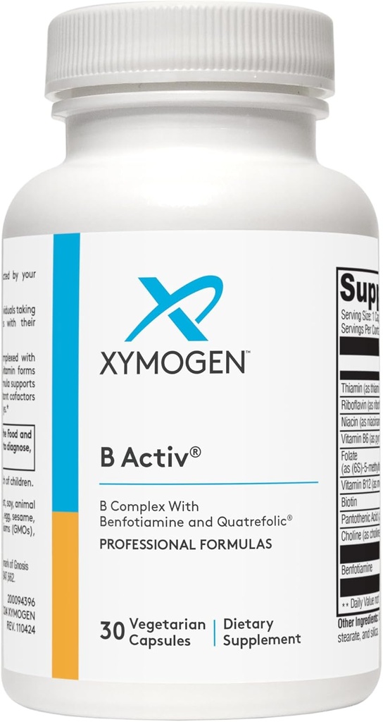 Complejo Xymogen Vitamina B - Activ - Vitaminas B Activadas con Benfotiamina y Quatrefolic - Soporte Función Adrenal e Inmunitaria + Sistema Cardiovascular y Nervous saludable (30 cápsulas)