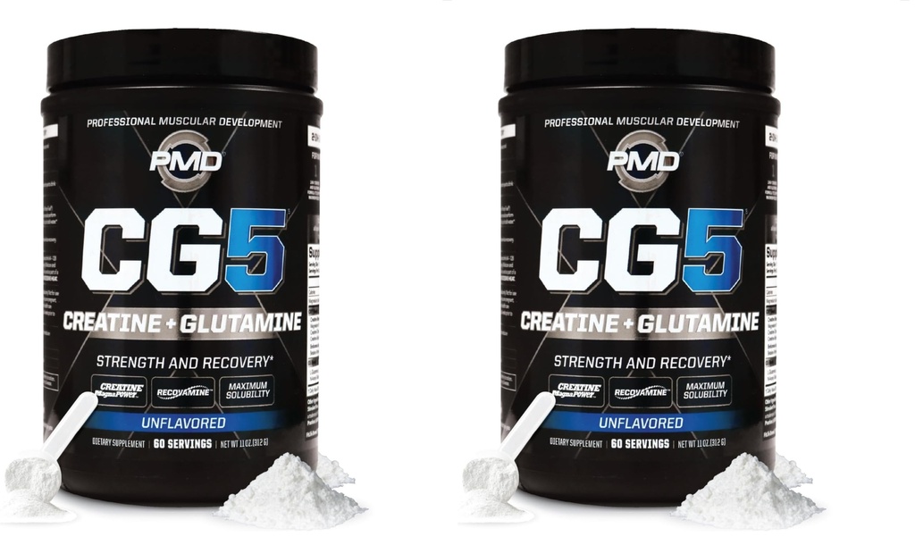 PMD Sports CG5 Premium Creatine & L Glutamine Powder, Power Recovery, Build Lean Muscle, Aumentar el rendimiento del entrenamiento, Maximum Strength Pre Workout & Post Workout, Desflavored, 60 Servings (Pack of 2)