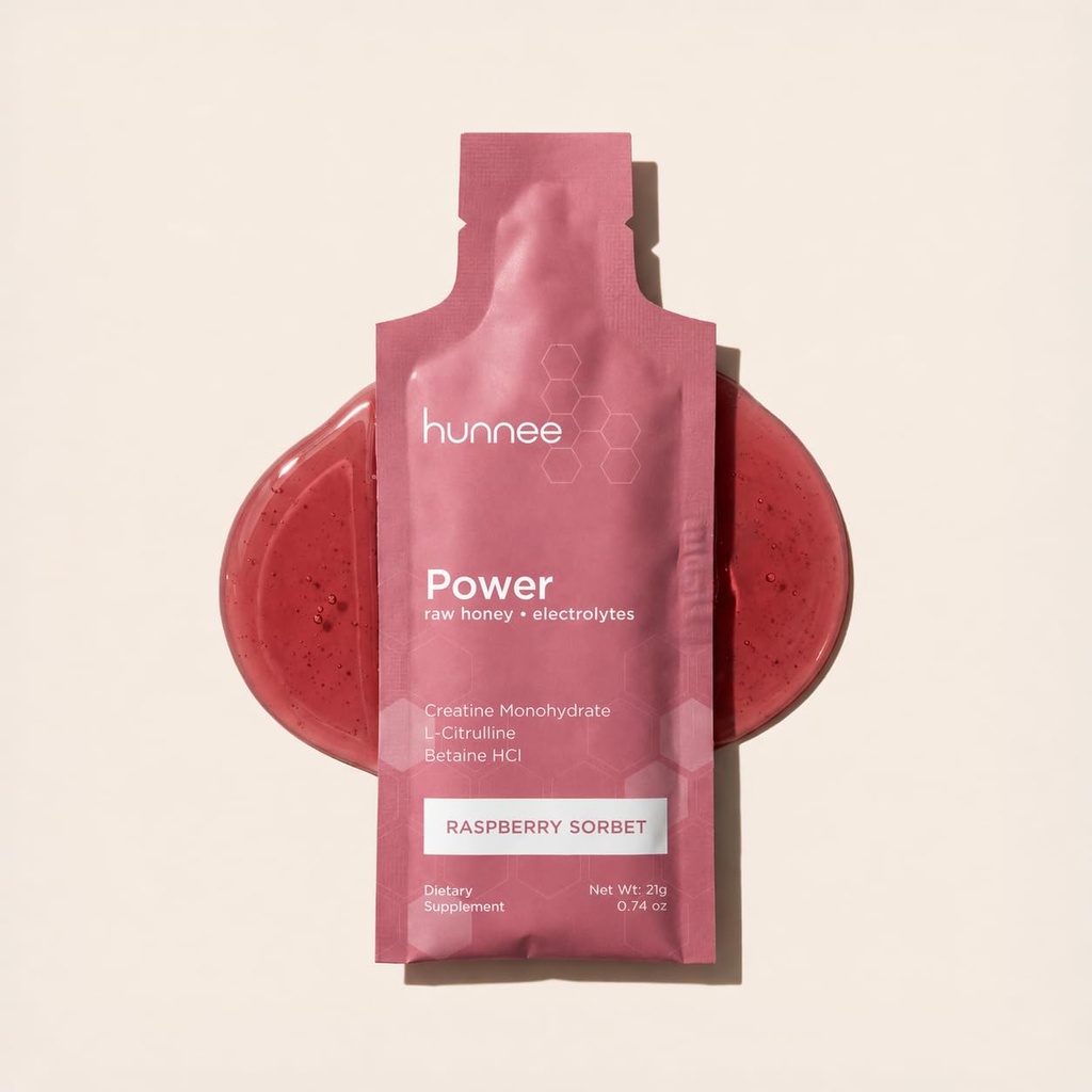 Hunnee Power | Creatine Gel with Raw Energy Honey, L-Citrulline & Betaine HCl | Organic Honey Energy Gel with Electrolytes | Gluten-Free, Non-GMO | Raspberry Sorbet | Energy Booster | 21g (14 Sachets)