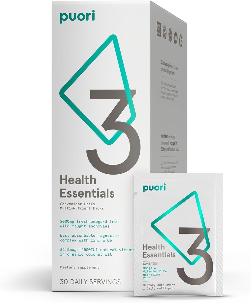 Puori P3 Health Essentials - Multivitamínico para Hombres y Mujeres - 30 Servings - Omega 3, Vitamina D, Magnesio, Zinc - Multi-Nutrient for Brains and Energy