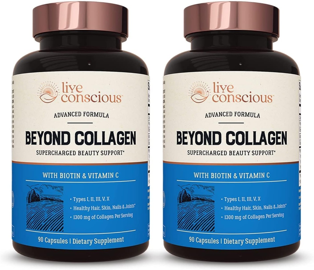 Conscious Beyond Collagen Multi Collagen Capsules - Tipos I, II, III, V & X TENIDO Hidrolyzed Blend with Biotin & Vitamin C for Hair, Skin, Nails 90 Capsules (2-Pack)