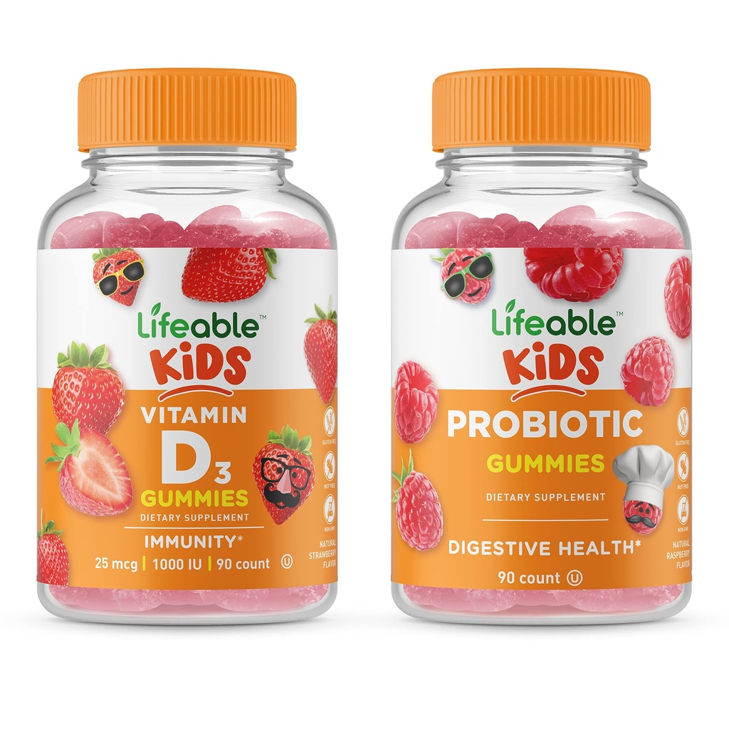 Probiótico Lifeable 2 billón de niños CFU + Vitamina D Niños, Gummies Bundle - Gran Tasting, Suplemento de vitamina, Gluten Gratis, GMO Gratis, Chewable Gummy