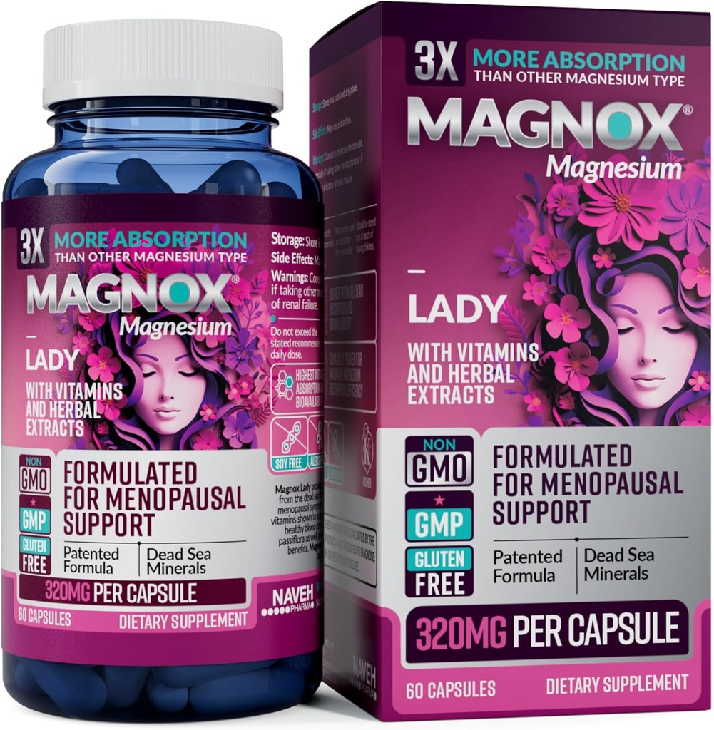 MAGNOX Lady Magnesium Suplemento TENIDO Menopause y PMS Apoyo Suplemento para Mujeres TENIDO Complejo de Magnesio con Vitaminas B6, B1, B12, D, Zinc ANTE High-Absorption Mar Muerto Magnesio Orgánico