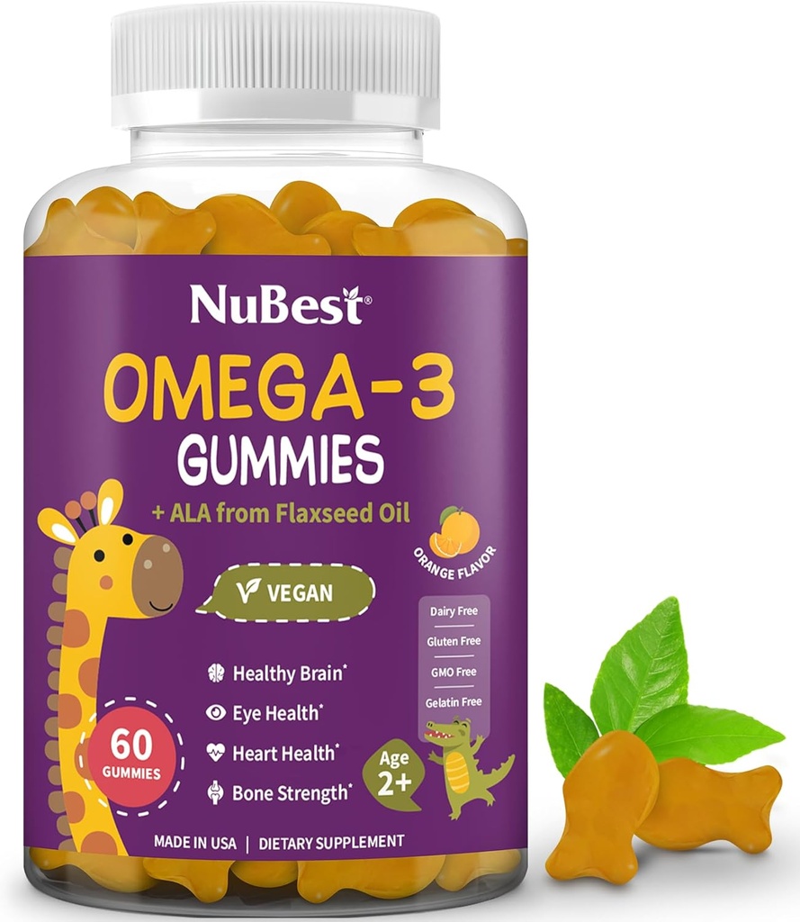 NuBest Omega 3 Gummies for Kids &amp; Adolescents with Flaxseed Oil ← Apoya el crecimiento cerebral, la claridad mental, el foco y la salud ocular TENIDO No Añadido Sugar TEN Orange Flavor TEN 60 Premium Vegan Gummies TENIDO 1 Mes