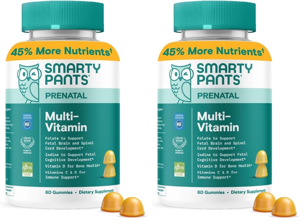 SmartyPants Prenatal Vitamins for Women, Multivitamin Gummies: Pre and Postnatal Vitamins, Biotin, Methylfolate,Vitamin D3,C,Vitamin B12, B6, A, K & Zinc, Inositol,60 Count (30 Day Supply) (Pack of 2)