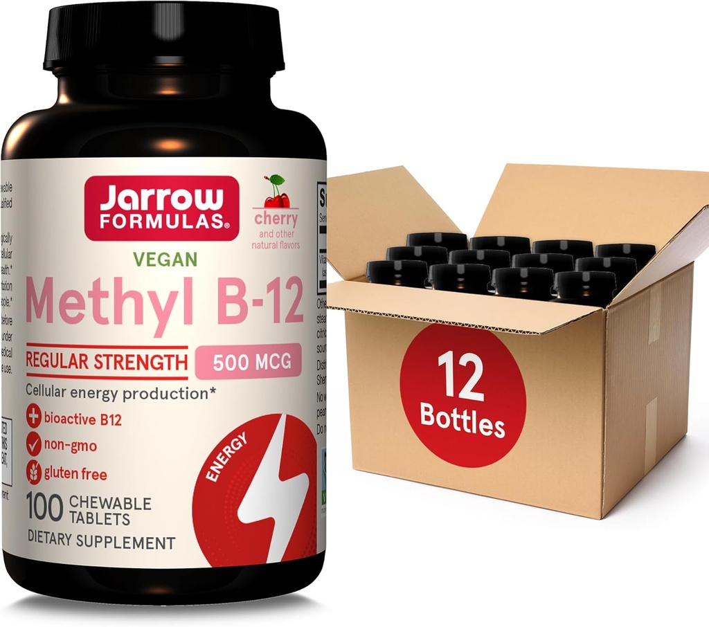 Fórmulas de trituración regular Metil B-12 500mcg, Suplemento dietético para producción de energía celular y apoyo a la salud cerebral, 100 tabletas de sabor cereza, fuente de 100 días, paquete de 12