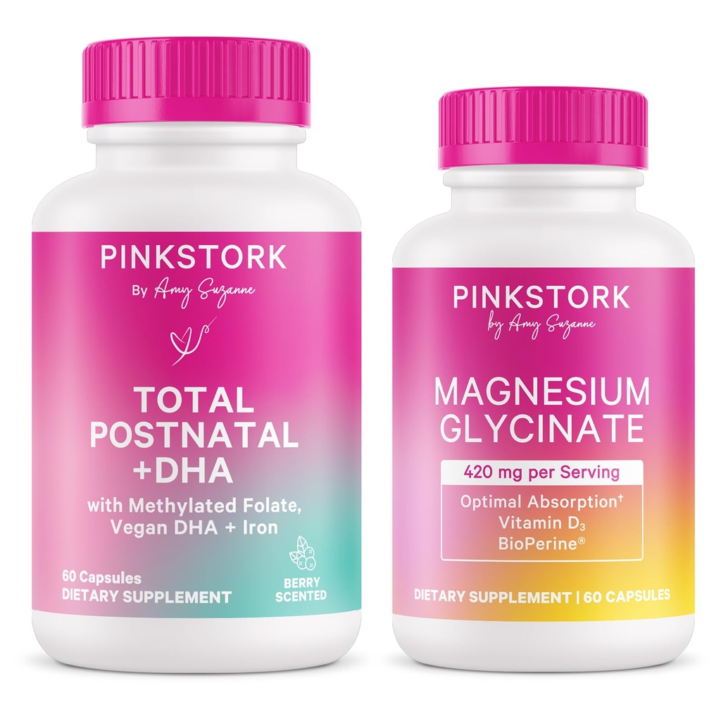 Pink Stork Total Postnatal Vitamins for Women and Magnesium Glycinate for Women - Postpartum Essentials for Mood Support