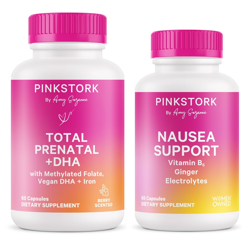 Pink Stork First Trimester Essentials Supplement Bundle - Total Prenatal Vitamin + DHA and B6, Ginger, Electrolyte Capsule for Morning Sickness, Pregnancy Must Have