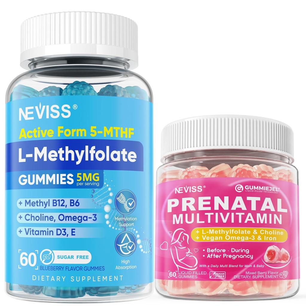 NEVISS 1 Pack Prenatal Vitamins for Women Multivitamin Gummies + 2Pack L Methylfolate Gummies