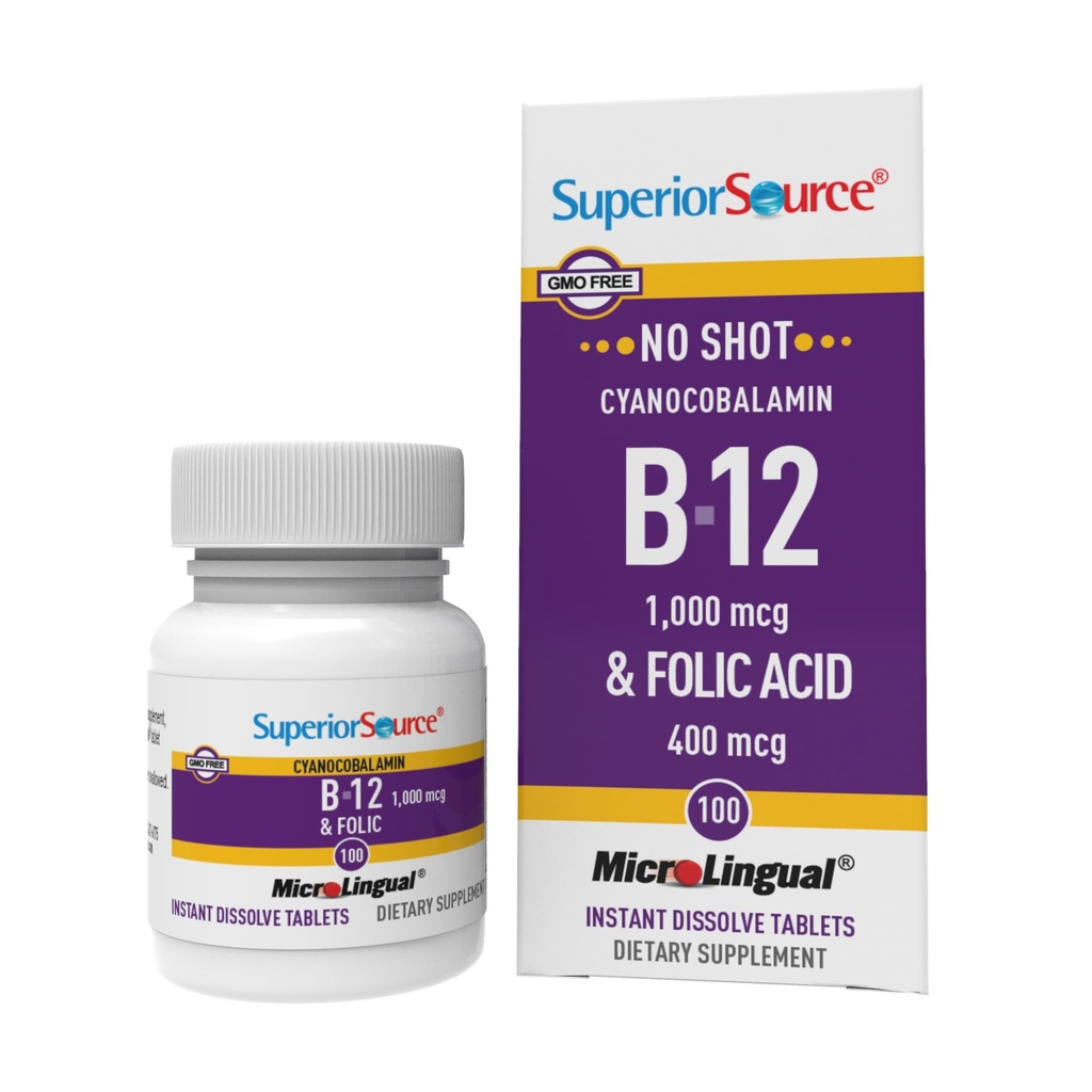 Superior Source No Shot Vitamin B-12 Cyanocobalamin 1000 mcg & Folic Acid 400 mcg - Offers Energy, Heart, Brain, & Stress Support - 100 Sublingual Dissolving Tablets