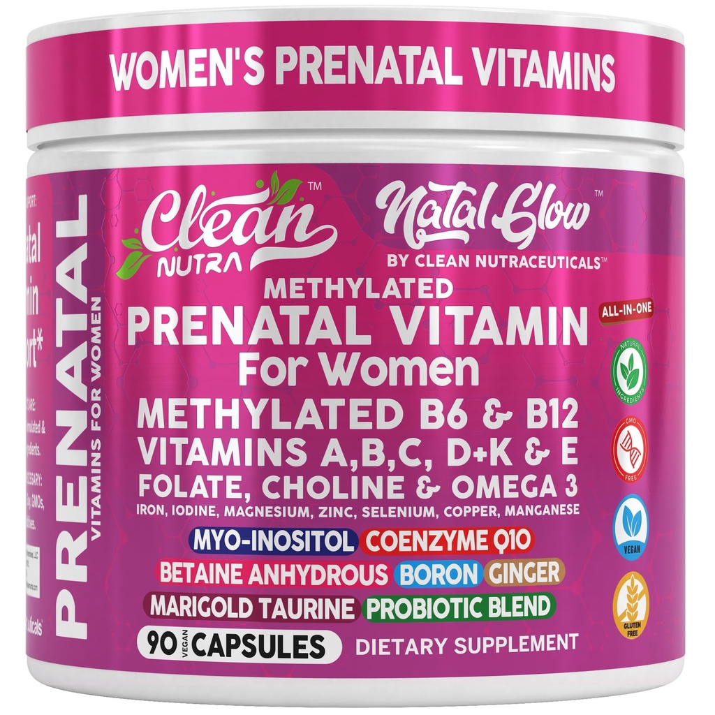 Natal Glow Methylated Prenatal Vitamins for Women Folate Omega 3 Vitamins A B12 C D3 E K2 Iron Riboflavin Biotin Choline Calcium Iodine Magnesium Zinc Selenium Copper Manganese by Clean Nutra