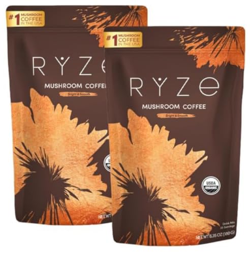 RYZE SUPERFOODS Mushroom Medium Roast Coffee Starter Kit, USDA Organic Instant Coffee with 6 Adaptogenic Mushrooms and for Energy, Focus, Digestion, Immunity with Lions Mane & Turkey Tail 60 Serving