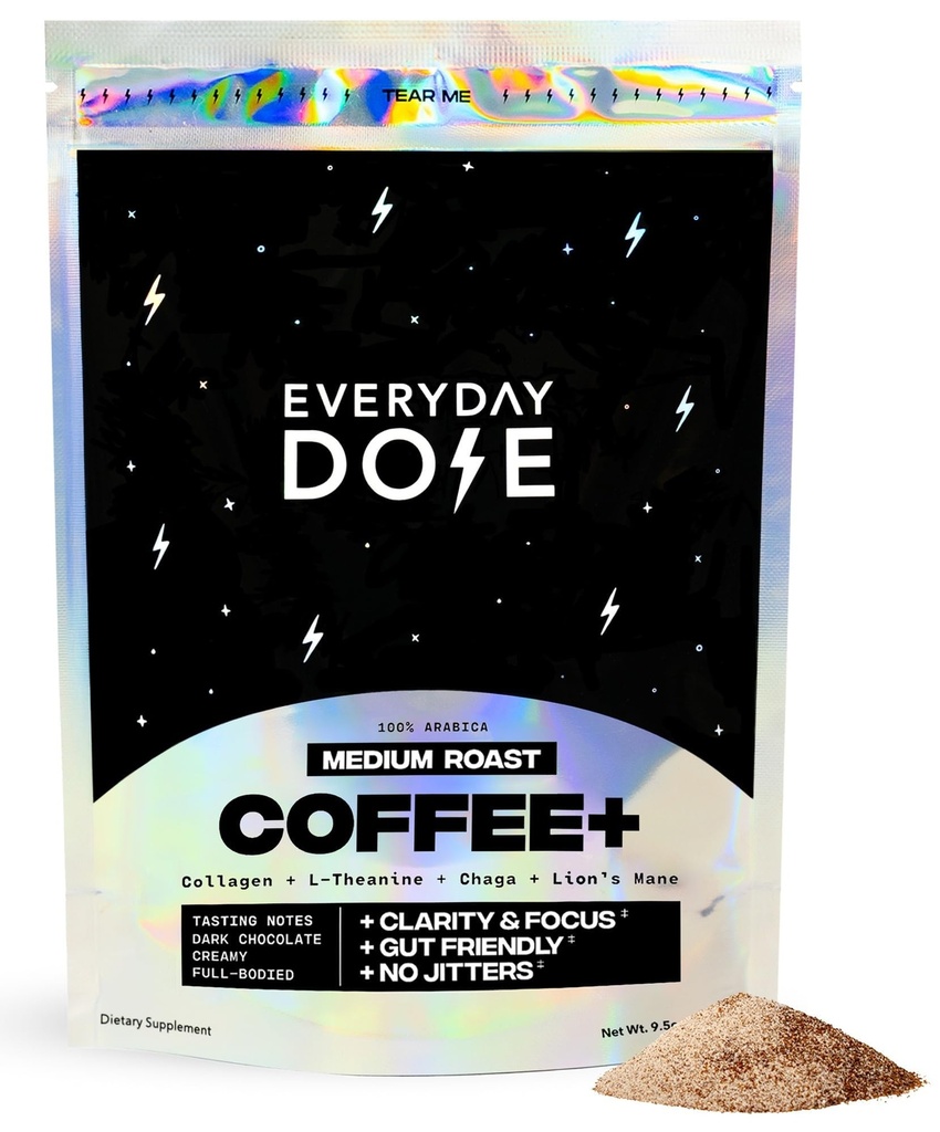 Everyday Dose Bold Medium Roast Mushroom Coffee 90mg Caffeine per serving with Grass-Fed Collagen, Chaga, Lions Mane & L-Theanine for Better Focus, Energy, Digestion, Skin, and Immunity 30 Servings