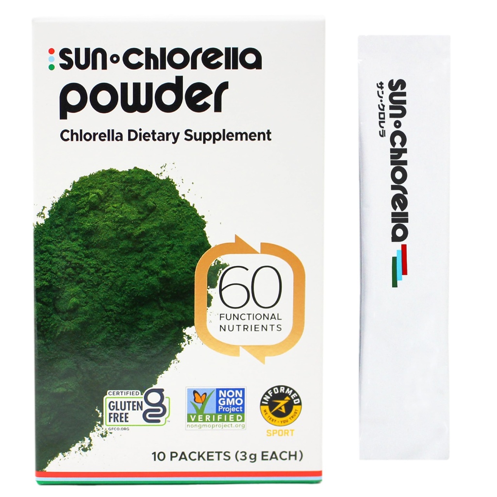 Sun Chlorella Powder Green Superfood Algae - Chlorophyll, Chlorella Growth Factor, Active B12 & Iron Supplement Drink Mix - Pulverized Cell Wall - Non-GMO, Vegan & Gluten-Free - 10 Packets (3g ea) 30g