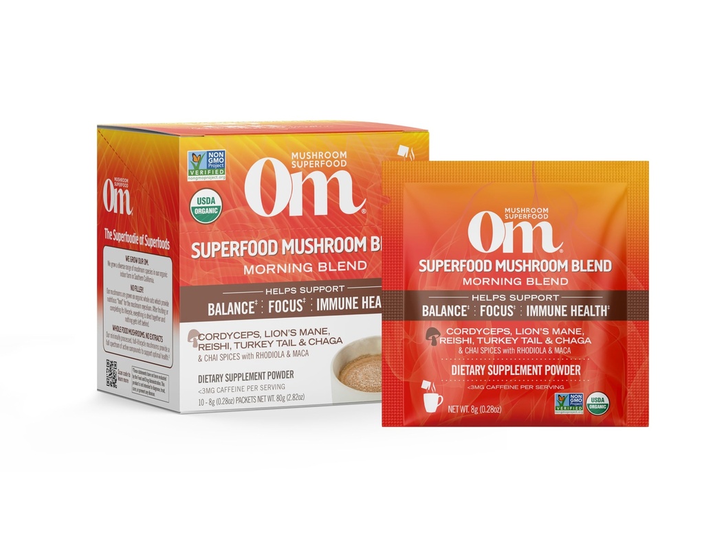 OM MUSHROOM SUPERFOOD Morning Energy Blend – Coffee-Free Mushroom Drink Mix with Cordyceps, Lion’s Mane, Rhodiola & Vitamin D2 – Natural Energy, Focus & Endurance Support – Single Serve (10 Count)