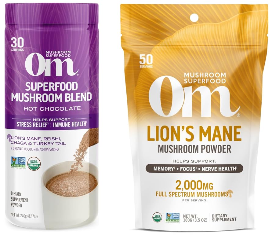 OM MUSHROOM SUPERFOOD Hot Chocolate Blend Mushroom Powder, 8.47 Ounce and Lion’s Mane Organic Mushroom Powder, 3.5 Ounce Bundle