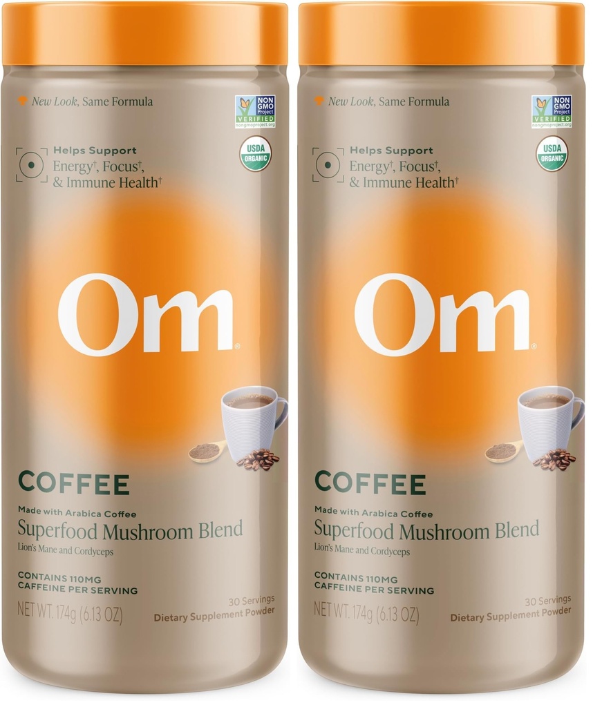 Om Mushroom Superfood Coffee Blend Mushroom Powder, 6.24 Ounce Canister, 30 Servings, Organic Arabica Beans, Lion's Mane, Cordyceps, Turkey Tail, Ginkgo Biloba, Supports Energy and Focus (Pack of 2)