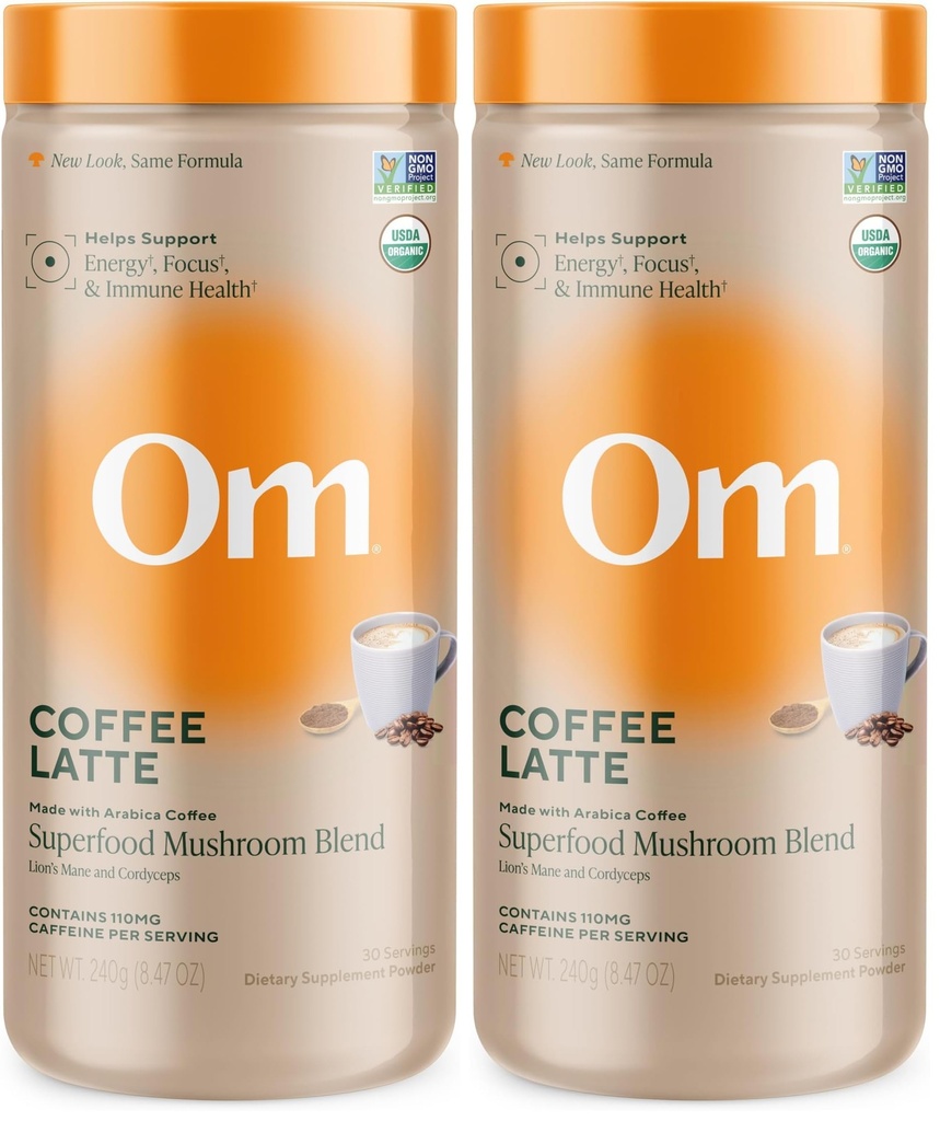 OM MUSHROOM SUPERFOOD Coffee Latte Blend– Functional Mushroom Powder with Lion’s Mane, Cordyceps, Reishi & Chaga– Energy, Focus & Mental Clarity Support – 8.47 oz Canister (30 Servings) (Pack of 2)