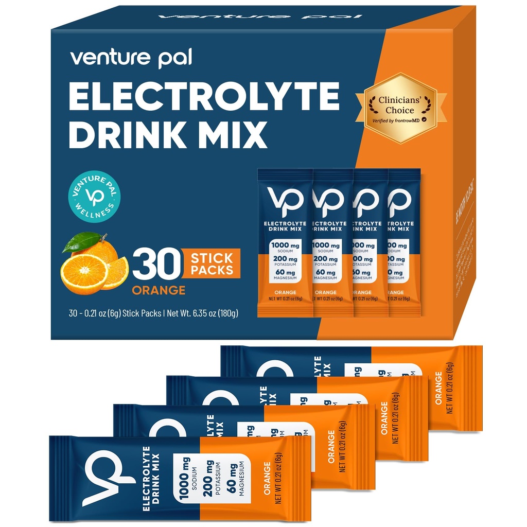 Venture Pal High Sodium Sugar Free Electrolytes Powder Packet - Hydration Packets with Vitamin, Sodium & Potassium | Zero Calories | Vegan, Keto & Paleo Friendly Electrolyte Drink Mix - 30 Sticks