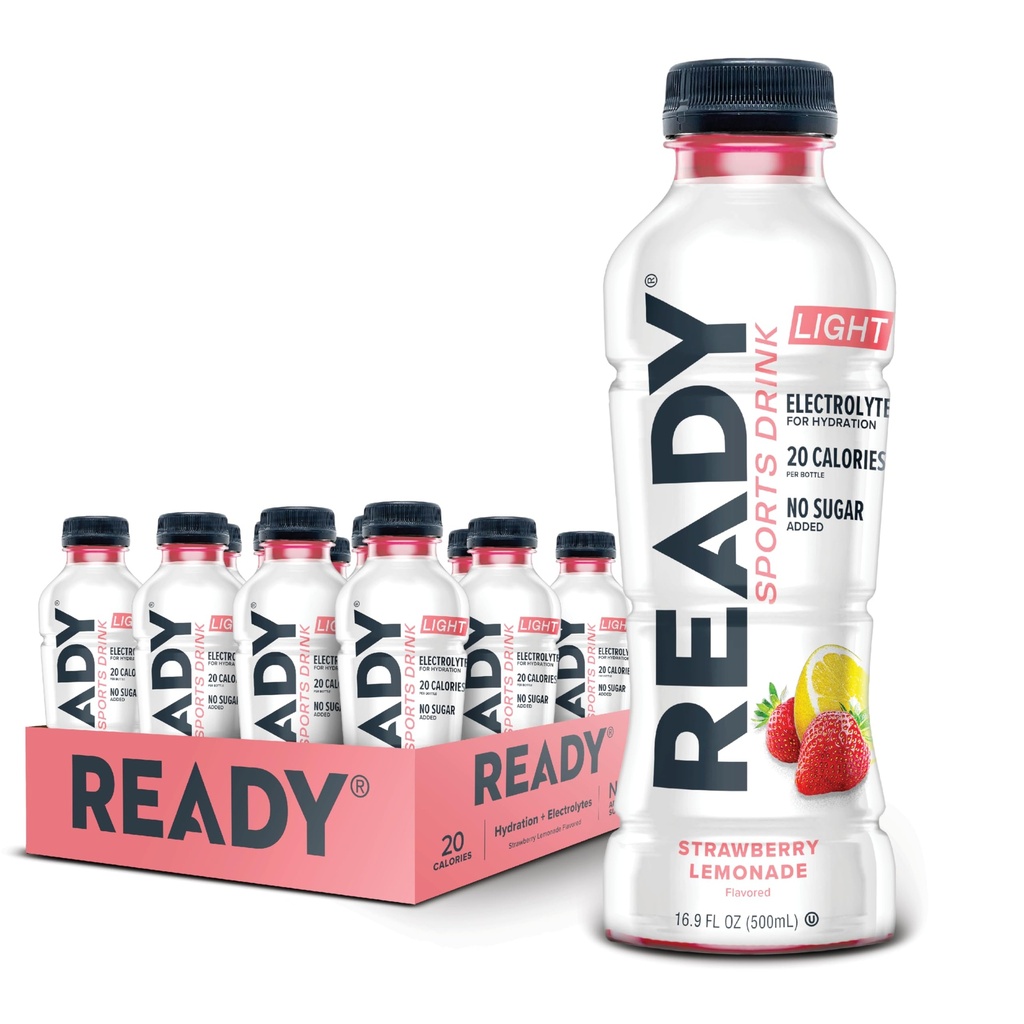 Ready® Sports Drink Light – The Ultimate Low-Calorie Hydration Drink with 4 Different Electrolytes – No Added Sugars – Naturally Sweetened & Flavored – Strawberry Lemonade,16.9 oz (12-Pack)