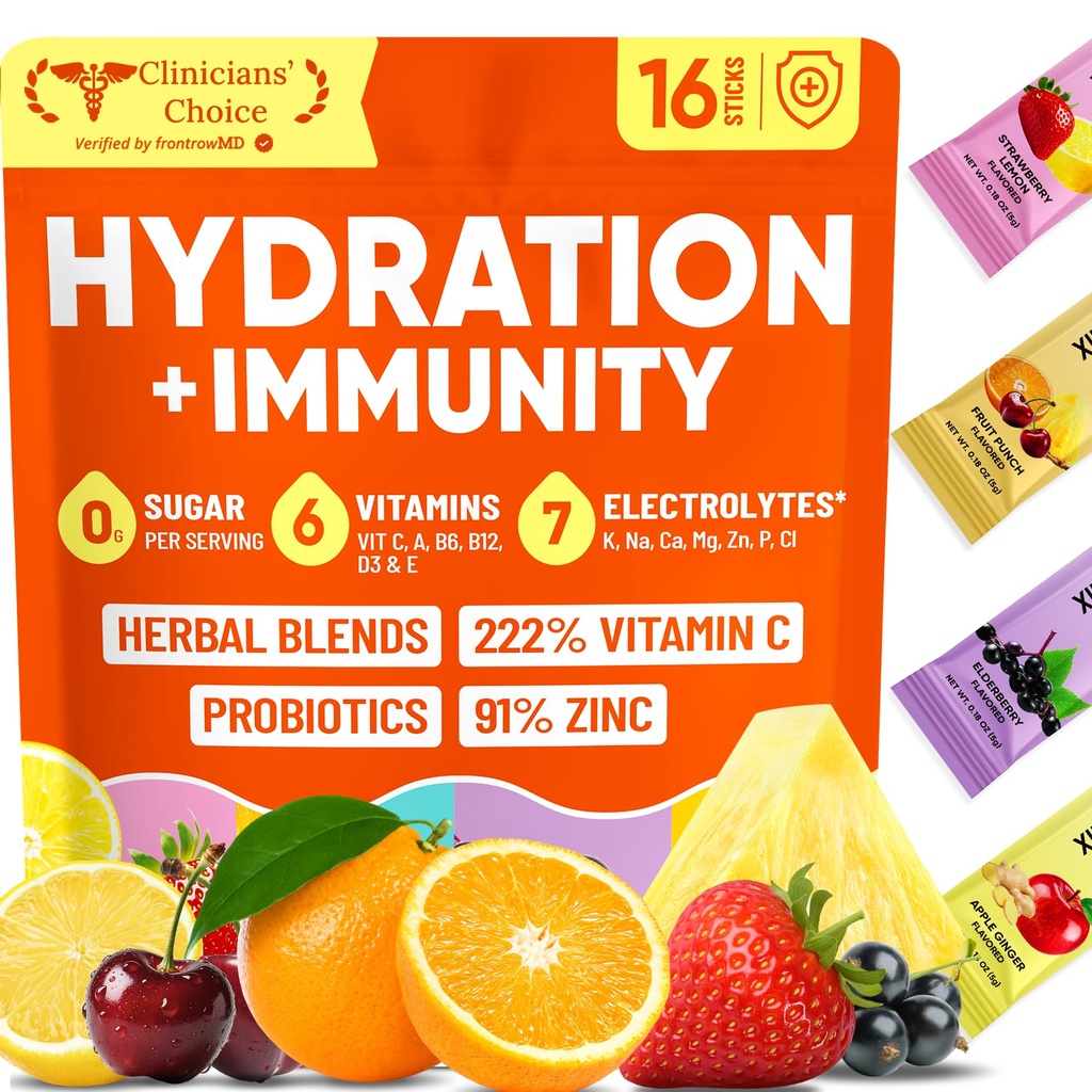 Venture Pal 2-in-1 Hydration + Immune Electrolytes Powder Packets with 7 Electrolytes & 6 Vitamins, Elderberry, Turmeric, Echinacea | Liquid Daily IV Drink Mix | Sugar Free | Keto Friendly, 16 Sticks