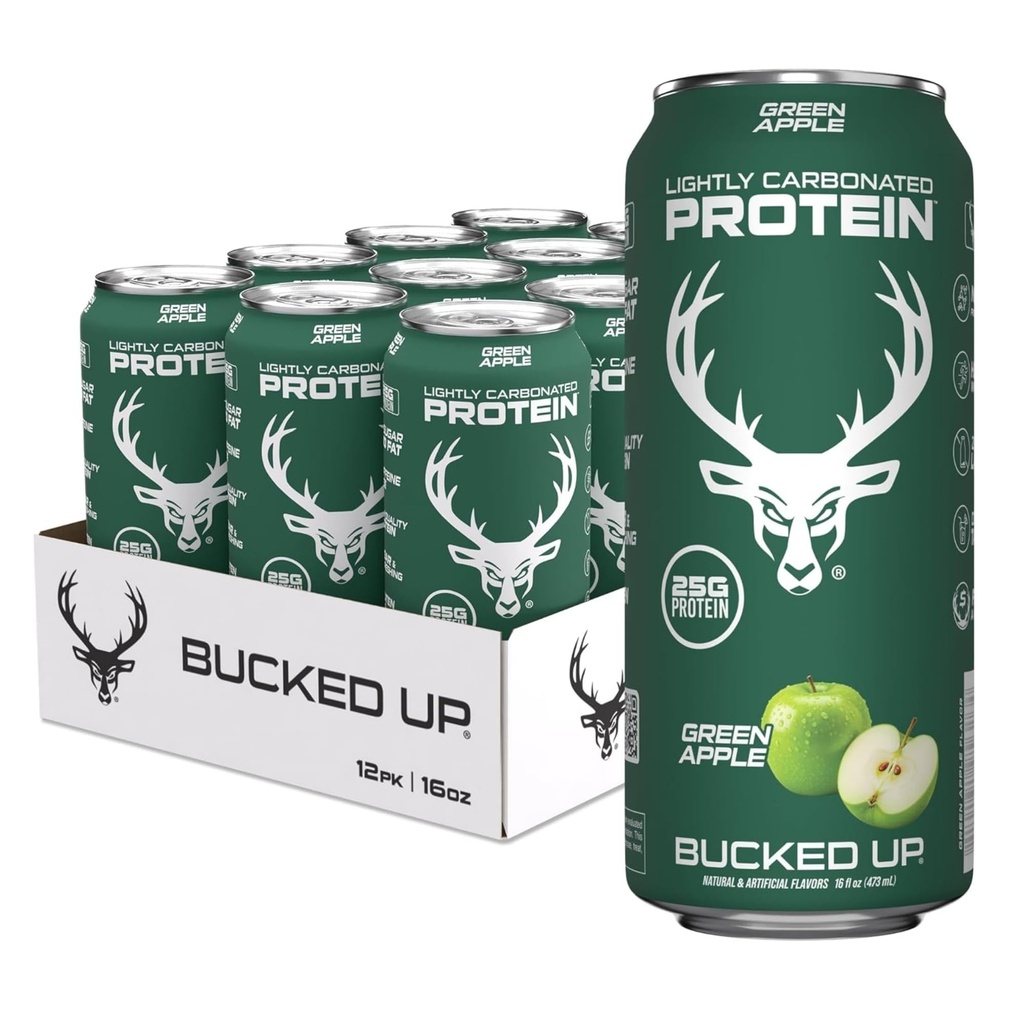 Bucked Up Lightly Carbonated Protein Soda | 25g Whey Isolate - Zero Sugar, Low Calorie, Caffeine Free, Clean Drink | Sparkling Protein Soda - 12 Pack, 16 oz Cans (Green Apple)