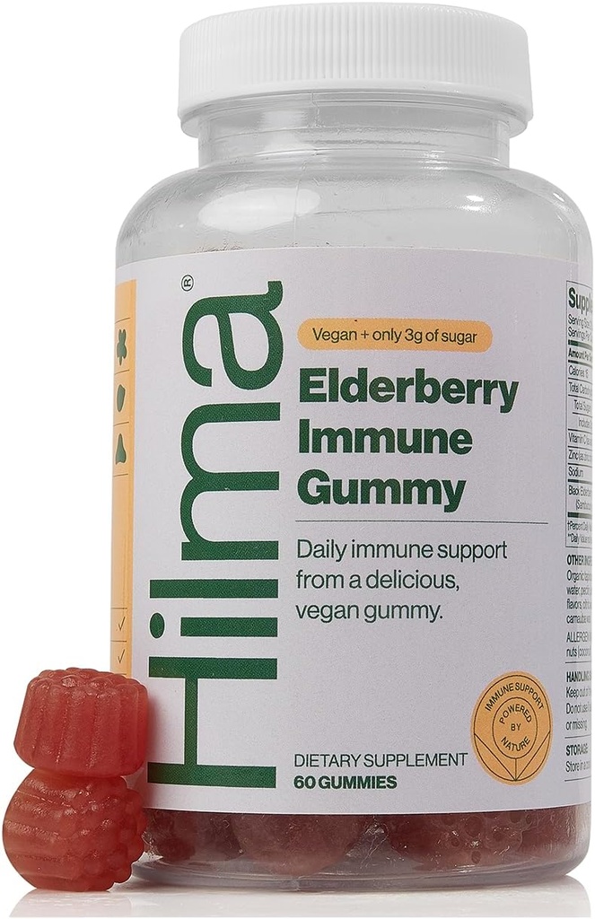 Hilma Elderberry Gummies Formulado con Vitamin C & Zinc, Natural, Vegan, Ingredientes clínicamente Probados, Suplemento de Apoyo Inmunitario Plus Antioxidantes,Natural Berry Flavor (60 Gummies)