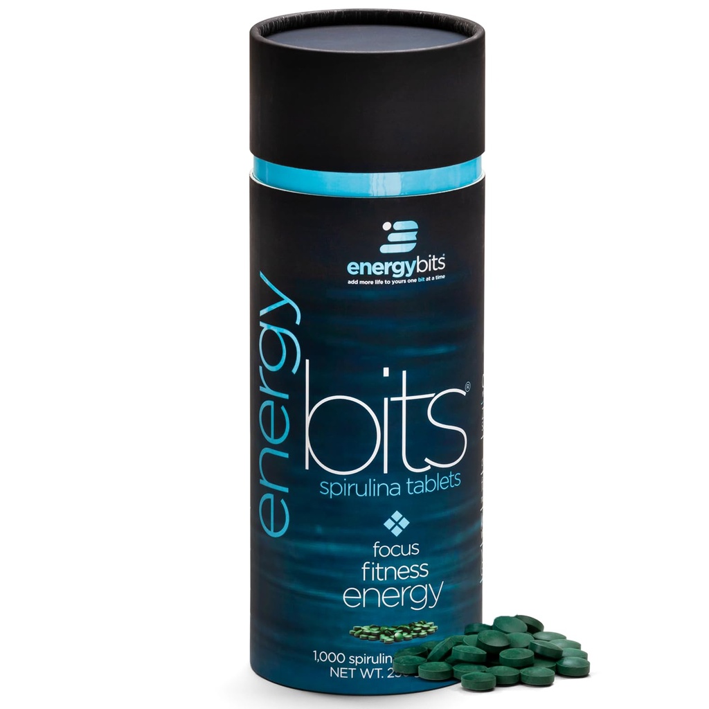 ENERGYBITS - Organic Spirulina Tablets - Plant-Based Algae Superfood - for Focus, Fitness, Energy - Plant Protein - Gluten Free - Collagen, Vitamin B12, Omega 3 - Keto & Vegan - 1000 Tablets Canister