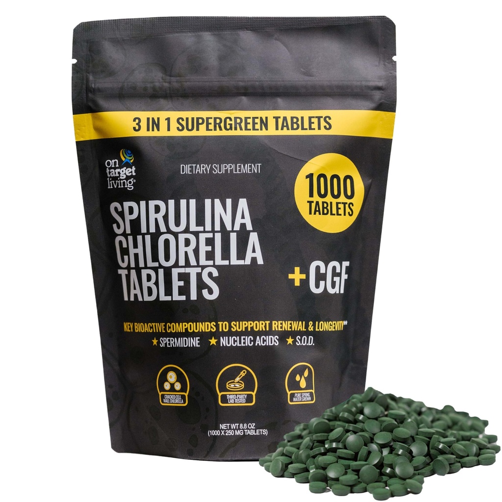 On Target Living Spirulina Chlorella + CGF | 1000 Supergreen Tablets | Vegan | Immune Support | High in Protein | Alkalyzing | Nutrient Dense | Energy | Recovery