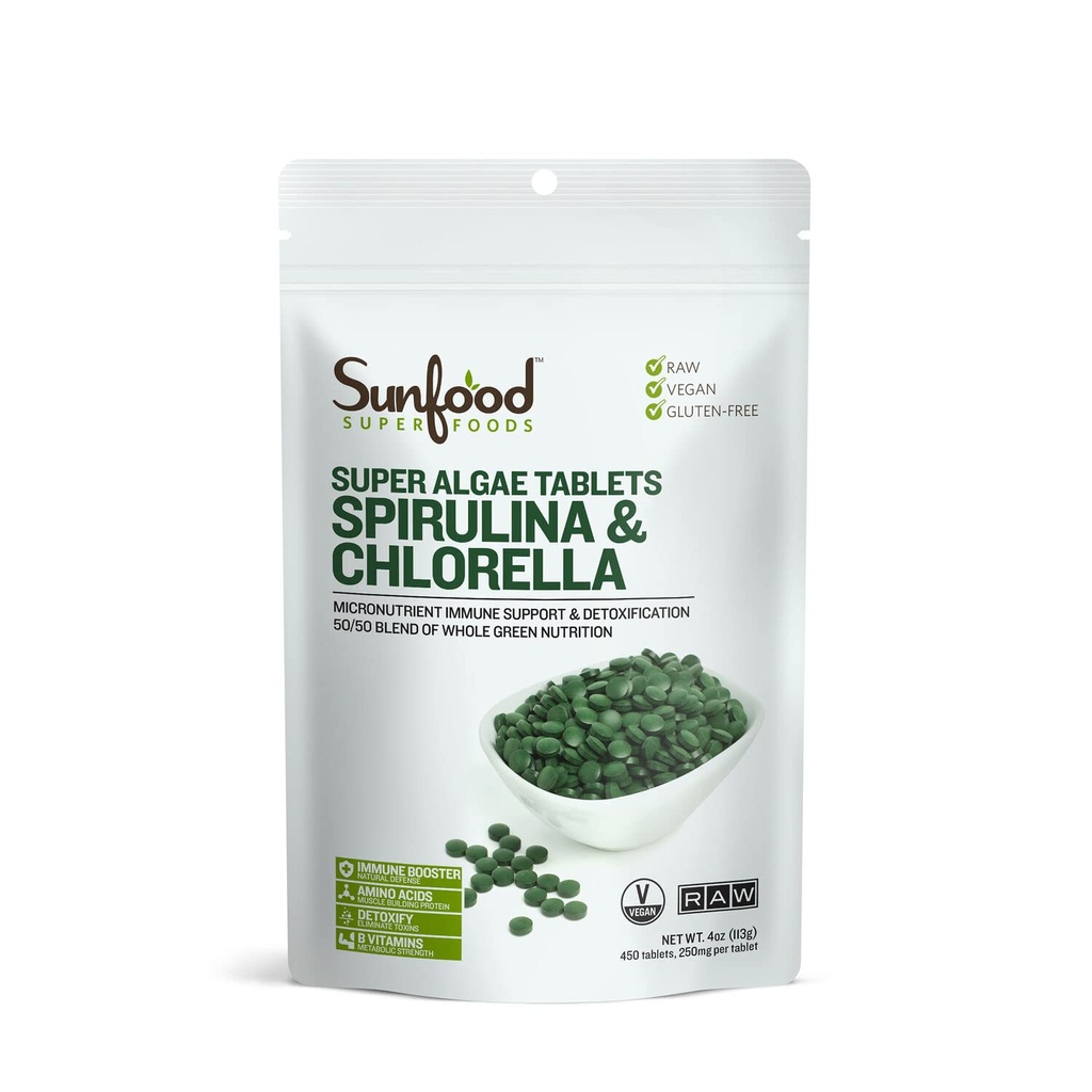 Sunfood Superfoods Chlorella Spirulina Tablets - Spirulina and Chlorella Green Algae Tablets for Women & Men, Source of Chlorophyll, B Vitamins, and Protein, Broken Cell Wall, Vegan - 4 oz Bag